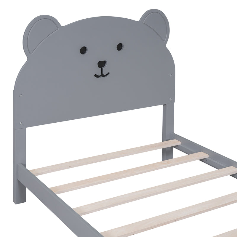 Twin Size Wood Platform Bed with Bear-shaped Headboard and Footboard,Gray