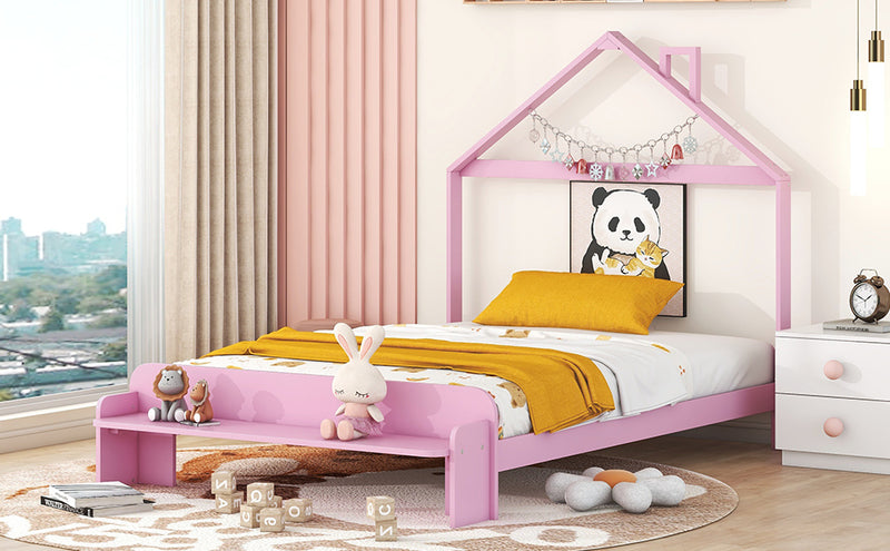 Full Size Wood Platform Bed with House-shaped Headboard and Footboard Bench,Pink