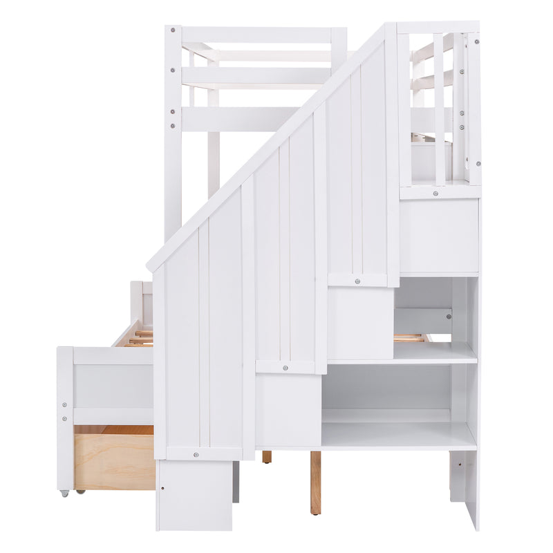 Twin XL over Full Bunk Bed with Built-in Storage Shelves, Drawers and Staircase,White