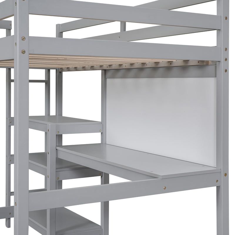 Twin Size Wooden Loft Bed with Shelves, Desk and Writing Board - Gray