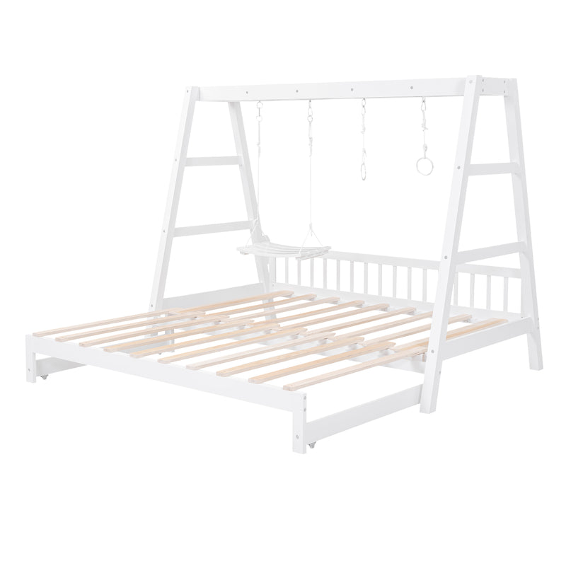 Extendable Twin Daybed with Swing and Ring Handles, White(Twin bed can be pulled out to be King)