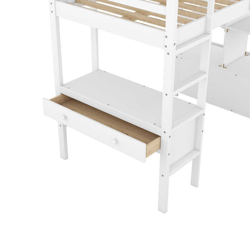 Twin  Size Loft Bed with Built-in Desk with Two Drawers, and Storage Shelves and Drawers,White