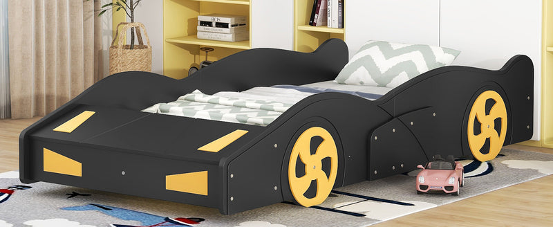 Twin Size Race Car-Shaped Platform Bed with Wheels and Storage, Black+Yellow