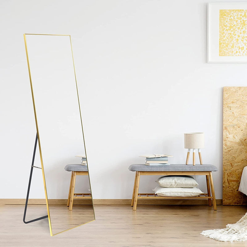 Full Length Mirror, Floor Mirror with Stand, Dressing Mirror , Bedroom Mirror with Aluminium Frame 65"x22", Gold