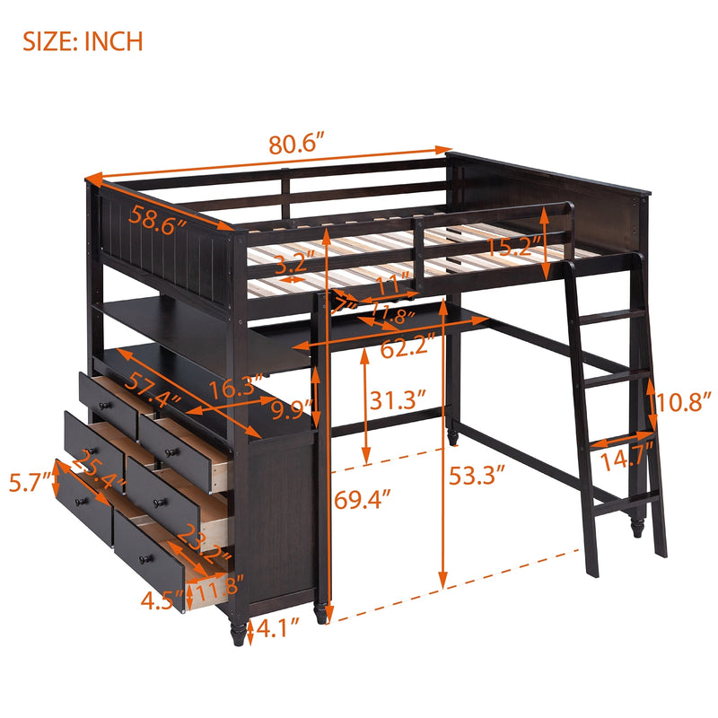 Full size Loft Bed with Drawers and Desk, Wooden Loft Bed with Shelves - Espresso