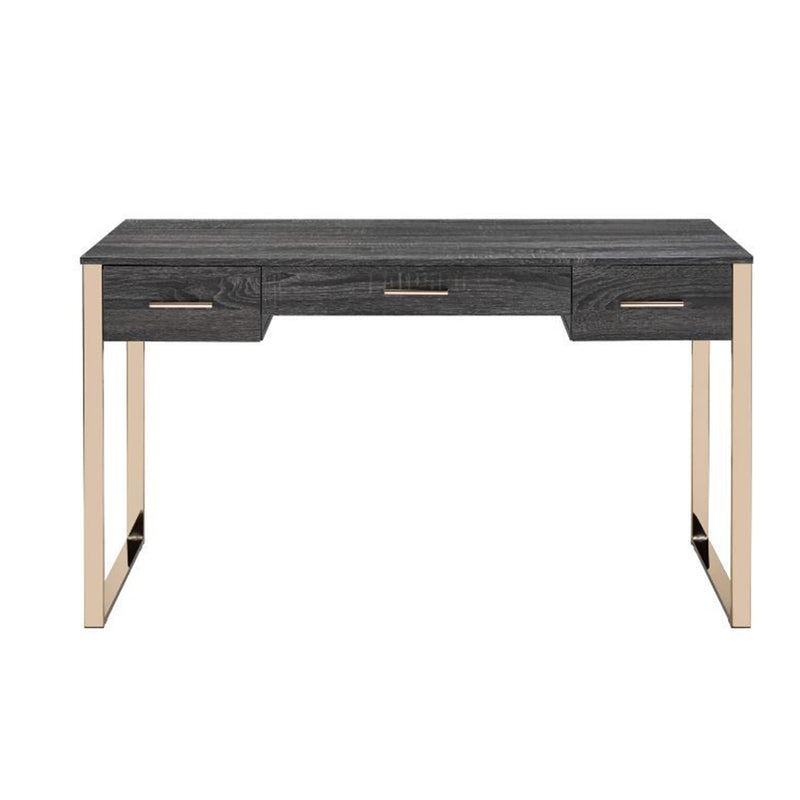 Metal Frame Wood Writing Desk, Computer Table with 2 Drawers in Champagne Gold & Black Finish