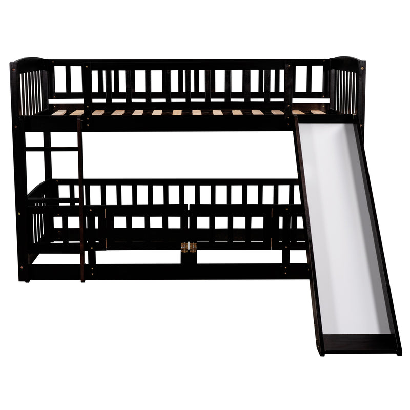 Bunk Bed with Slide,Twin Over Twin Low Bunk Bed with Fence and Ladder for Toddler Kids Teens Espresso