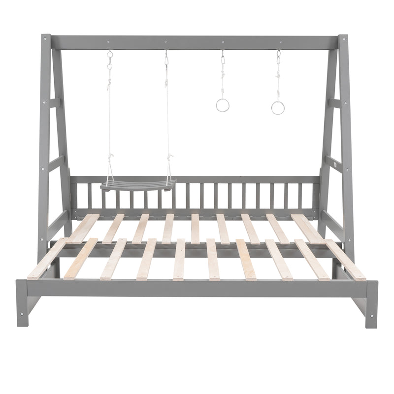 Extendable Twin Daybed with Swing and Ring Handles, Gray(Twin bed can be pulled out to be King)