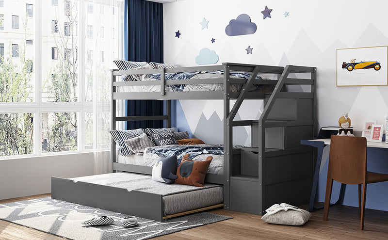 Twin-Over-Twin Bunk Bed with Twin Size Trundle and 3 Storage Stairs,Gray