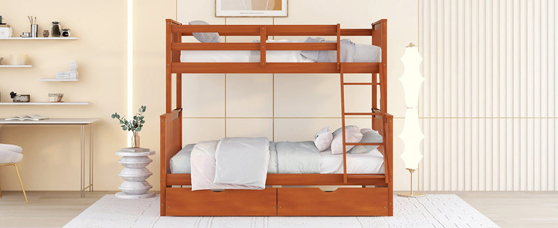 Twin-Over-Full Bunk Bed with Ladders and Two Storage Drawers (Walnut)