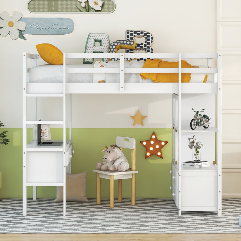 Twin  Size Loft Bed with Built-in Desk with Two Drawers, and Storage Shelves and Drawers,White