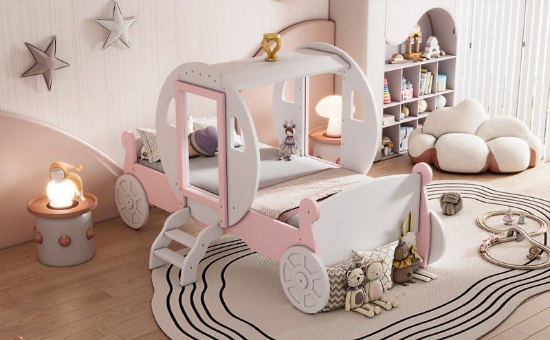 Twin size Princess Carriage Bed with Crown ,Wood Platform Car Bed with Stair,White+Pink