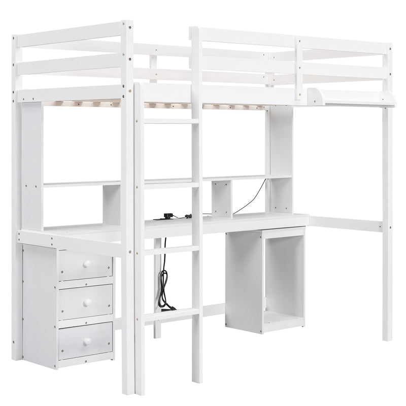 Twin Size Loft Bed with Multi-storage Desk, LED light and Bedside Tray, Charging Station, White