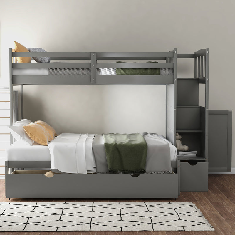 Twin over Full/Twin Bunk Bed, Convertible Bottom Bed, Storage Shelves and Drawers, Gray