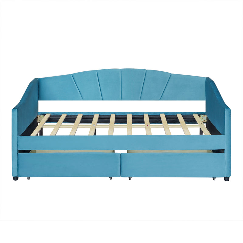 Upholstered daybed Twin Size with Two Drawers and Wood Slat Suppot ,Blue