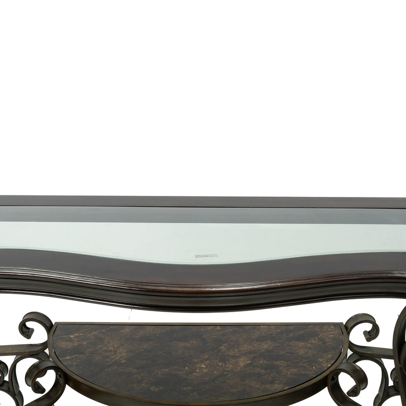 Sofa Table, Glass table top, MDF W/marble paper middle shelf, powder coat finish metal legs.