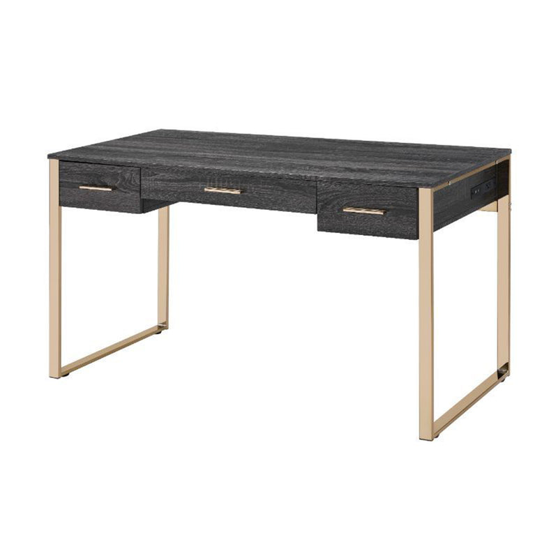 Metal Frame Wood Writing Desk, Computer Table with 2 Drawers in Champagne Gold & Black Finish