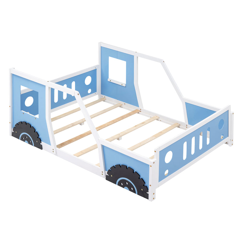 Full Size Classic Car-Shaped Platform Bed with Wheels,Blue