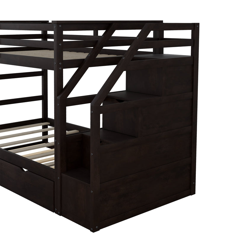 Twin-Over-Twin Bunk Bed with Twin Size Trundle and 3 Storage Stairs,Espresso