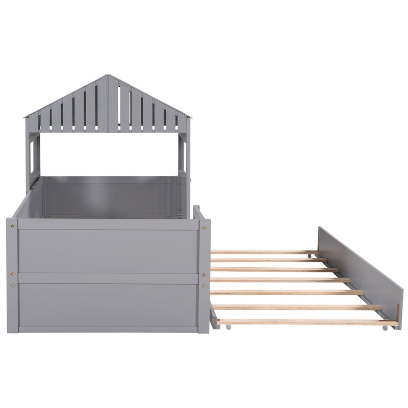 Twin Size House Low Loft Bed with Trundle,Gray