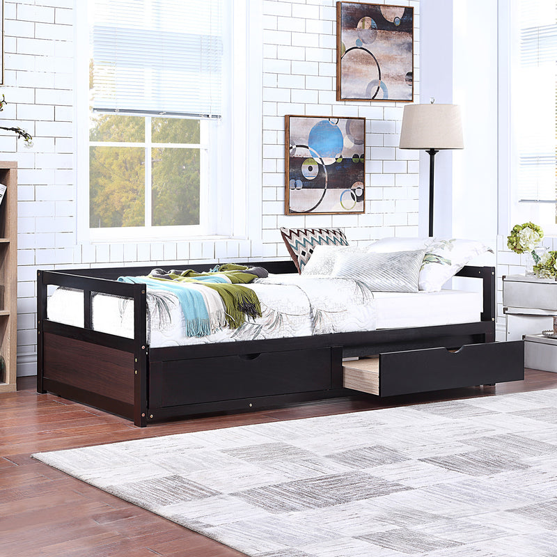 Wooden Daybed with Trundle Bed and Two Storage Drawers , Extendable Bed Daybed,Sofa Bed for Bedroom Living Room,Espresso