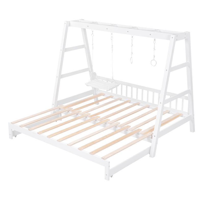 Extendable Twin Daybed with Swing and Ring Handles, White(Twin bed can be pulled out to be King)