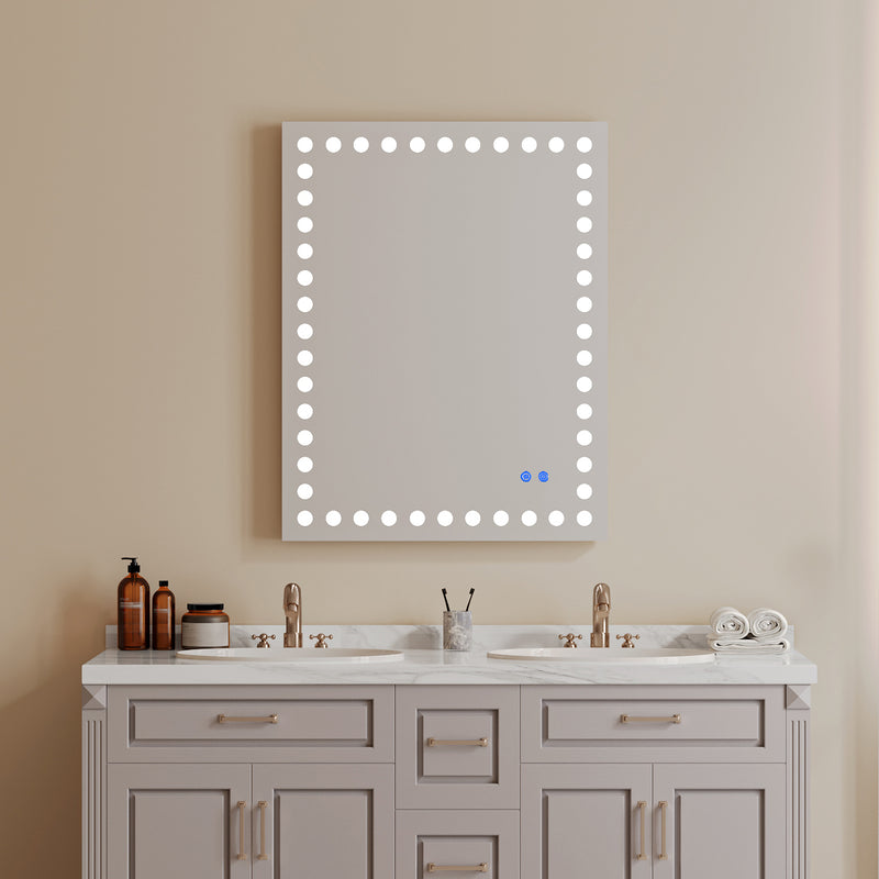 36×28 Inch Led-Lit Bathroom Mirror, Wall Mounted Anti-Fog Memory Rectangular Vanity Mirror With Tri-White Front Circular Light And Touch Sensor Dimmer Switch