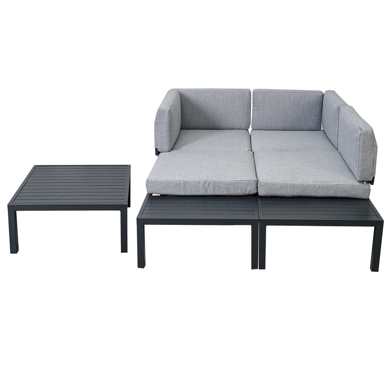 Outdoor 3-piece Aluminum Alloy Sectional Sofa Set with End Table and Coffee Table,Black Frame+Gray Cushion