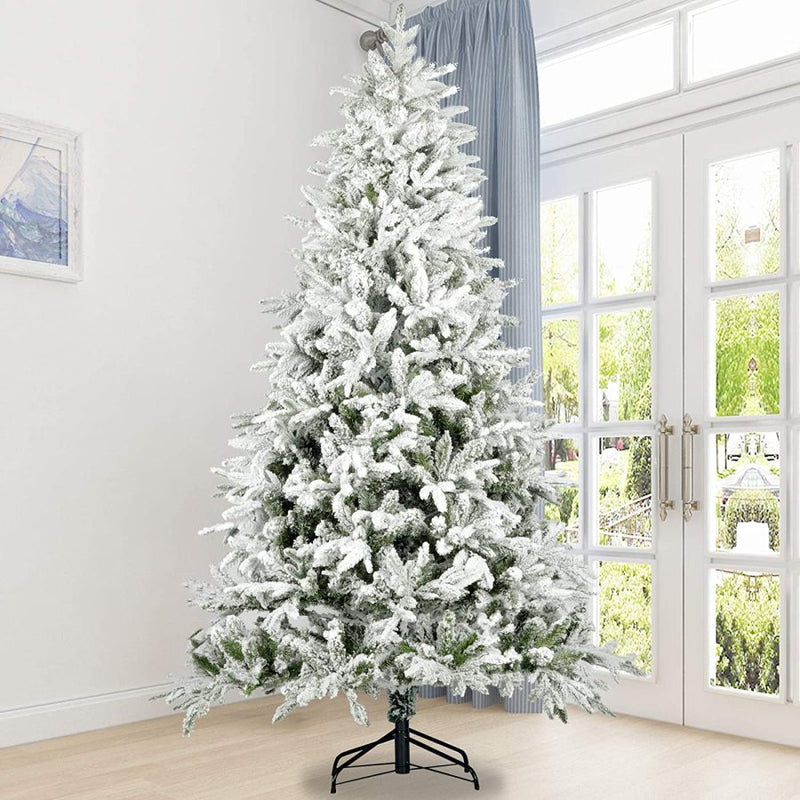 Snow Flocked Christmas Tree 7ft Artificial Hinged Pine Tree with White Realistic Tips Unlit