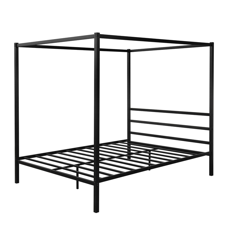 Queen Metal Framed Canopy Platform Bed with Built-In Headboard No Box Spring Needed Classic Design Black/White/Silver[US-Depot]