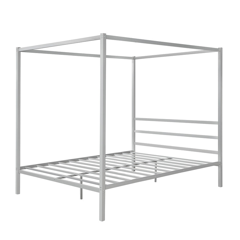 Queen Metal Framed Canopy Platform Bed with Built-In Headboard No Box Spring Needed Classic Design Black/White/Silver[US-Depot]