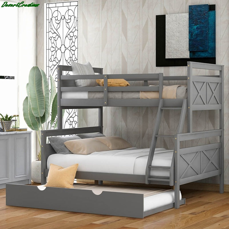 Twin Over Full Bunk Bed With Ladder, Twin Size Trundle, Safety Guard Rail Bunk Bed For Bedroom