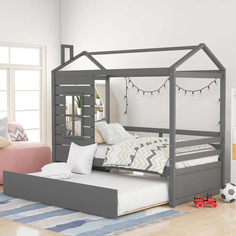 Twin Size House Bed Wood Bed with Twin Size Trundle ( Gray )