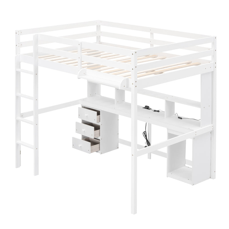 Full Size Loft Bed with Multi-storage Desk, LED light and Bedside Tray, Charging Station, White