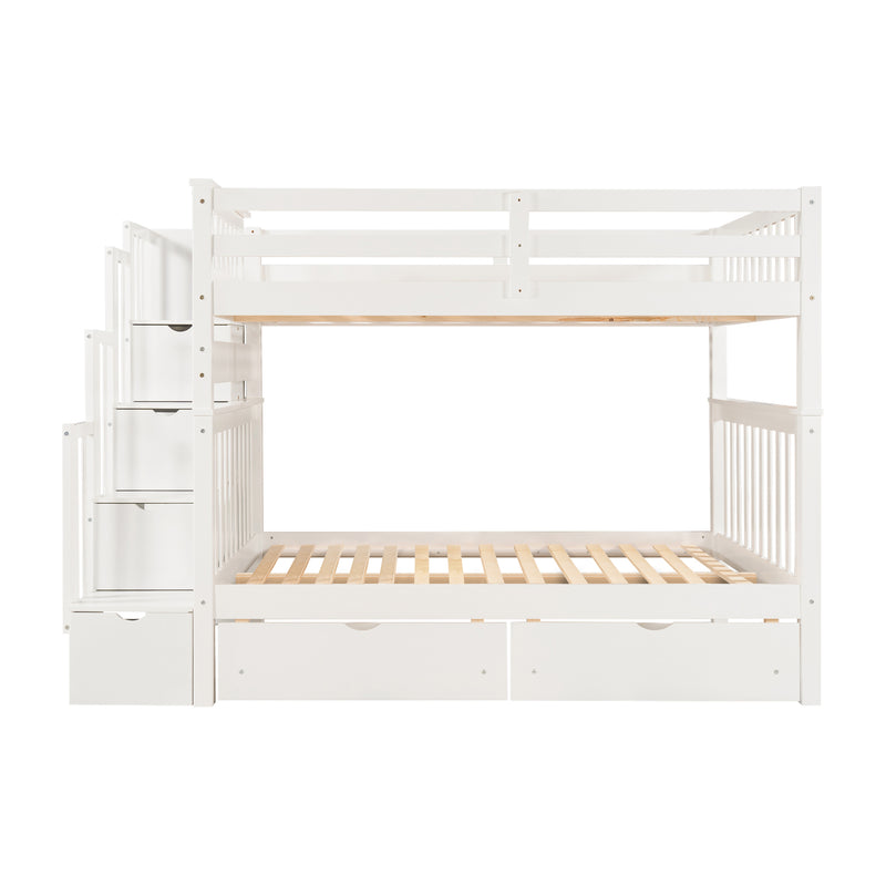 Full Over Full Bunk Bed with Shelves and 6 Storage Drawers, White