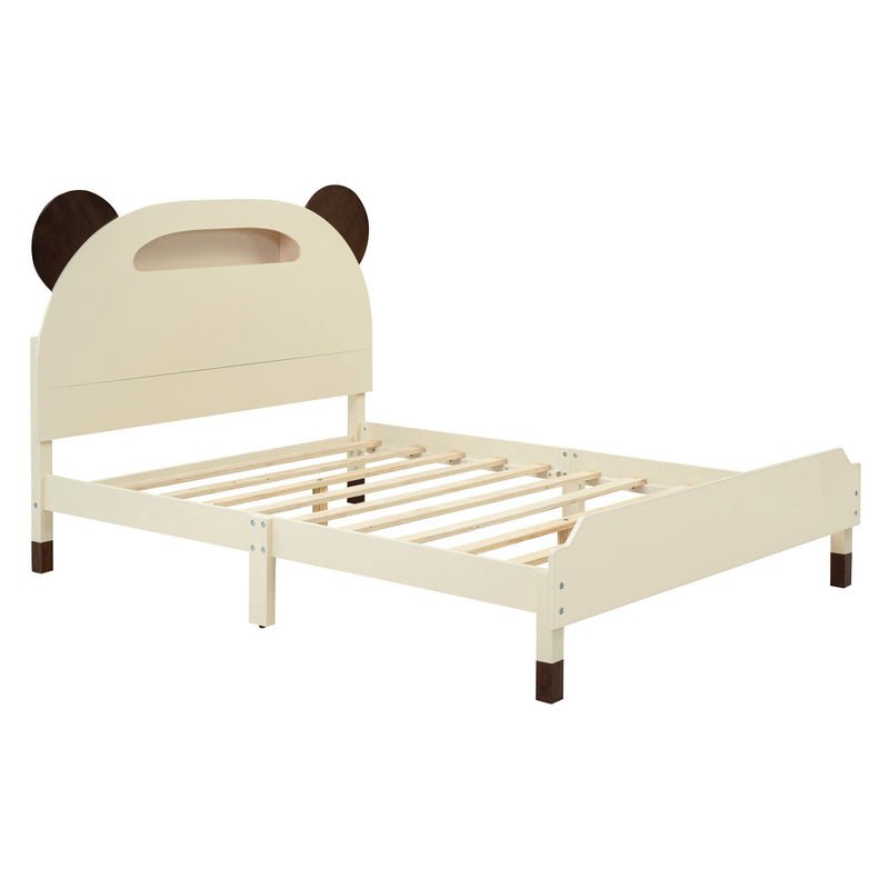 Full Size Wood Platform Bed with Bear-shaped Headboard,Bed with Motion Activated Night Lights,Cream+Walnut