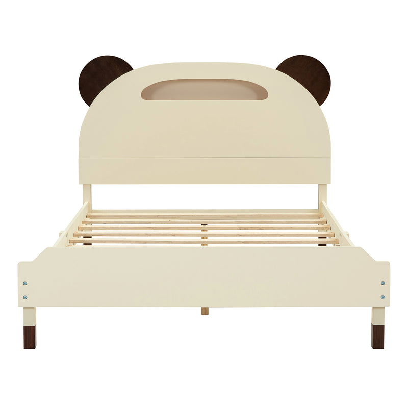 Full Size Wood Platform Bed with Bear-shaped Headboard,Bed with Motion Activated Night Lights,Cream+Walnut