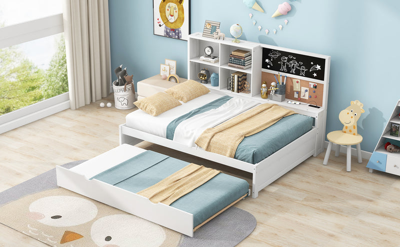 Full Size Daybed with Storage Shelves, Blackboard, Cork board, USB Ports and Twin Size Trundle, White