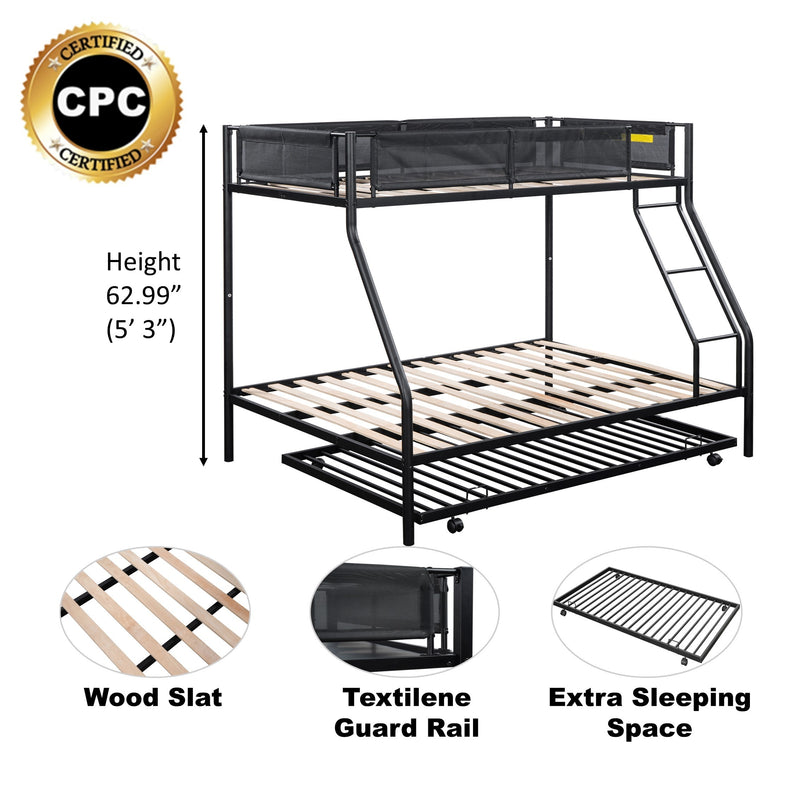 Twin over Full Metal Bunk Bed with Trundle (Wood Slat and Textilene Guardrail)