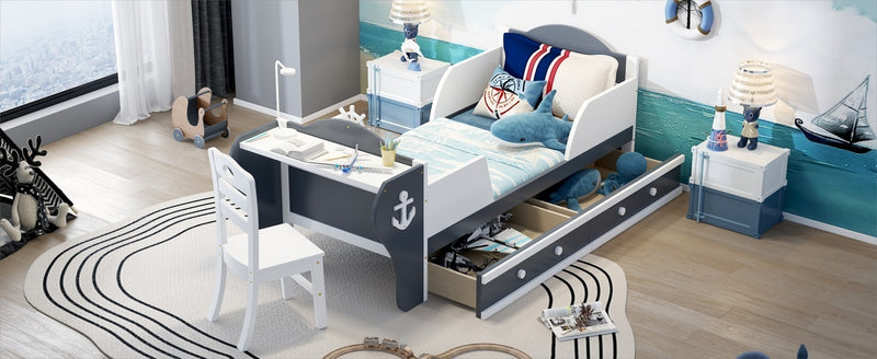 Twin Size Boat-Shaped Platform Bed with Two Drawers,Twin Bed with Desk and Chair for Bedroom,White+Gray