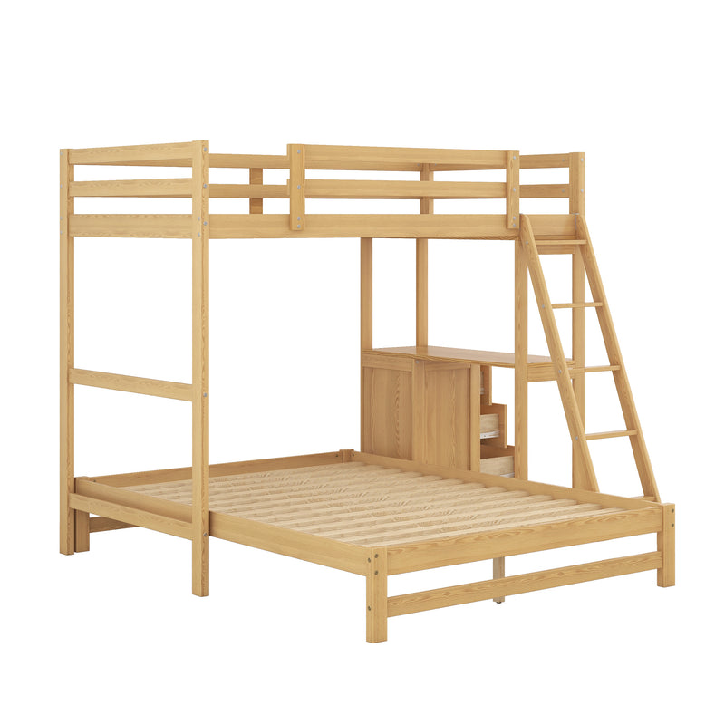 Twin over Full Bunk Bed with Built-in Desk and Three Drawers,Natural