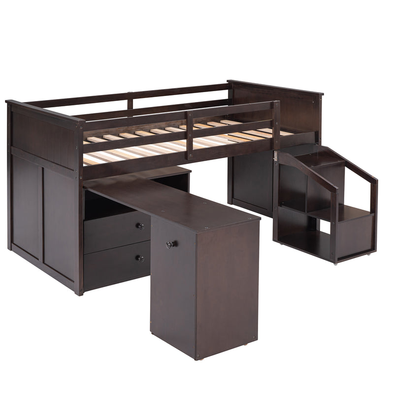 Loft Bed Low Study Twin Size Loft Bed With Storage Steps and Portable,Desk,Espresso