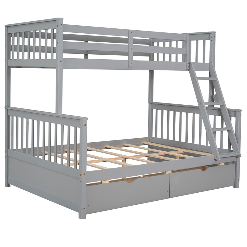 Twin-Over-Full Bunk Bed with Ladders and Two Storage Drawers(Gray)