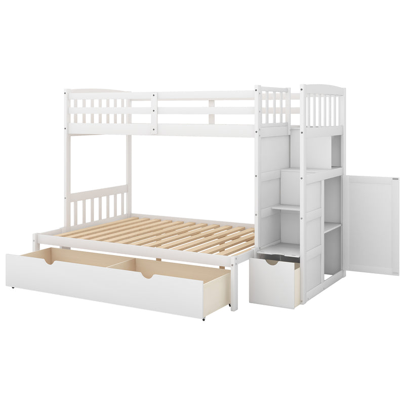 Twin over Full/Twin Bunk Bed, Convertible Bottom Bed, Storage Shelves and Drawers, White