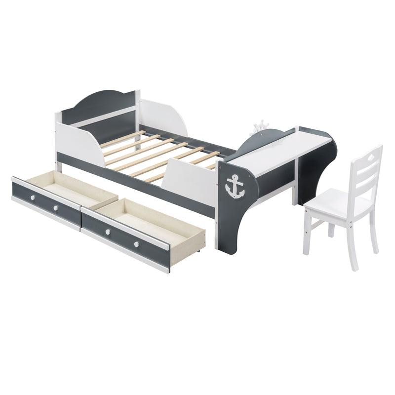 Twin Size Boat-Shaped Platform Bed with Two Drawers,Twin Bed with Desk and Chair for Bedroom,White+Gray