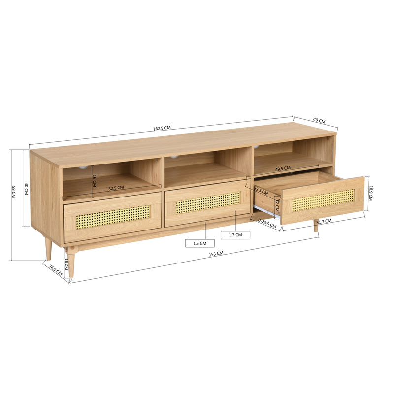 64" TV Stand for 65/70 inch TV Entertainment Cabinet Console with Rattan Storage Drawers for Living Media Room