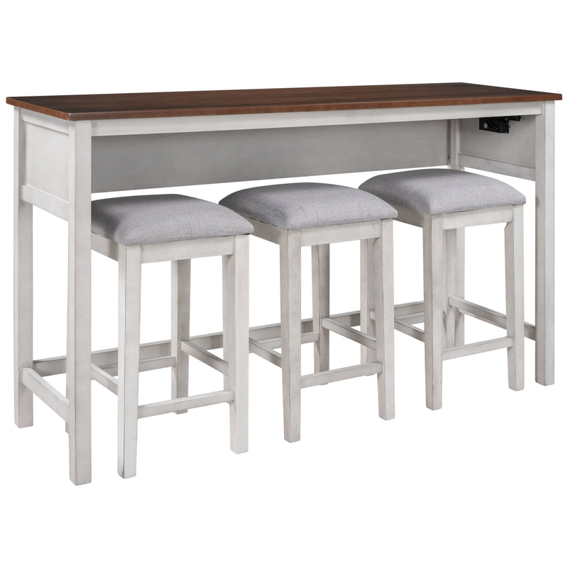 4 Pieces Counter Height Table with Fabric Padded Stools,Rustic Bar Dining Set with Socket,Cherry Top +Distressed White Body