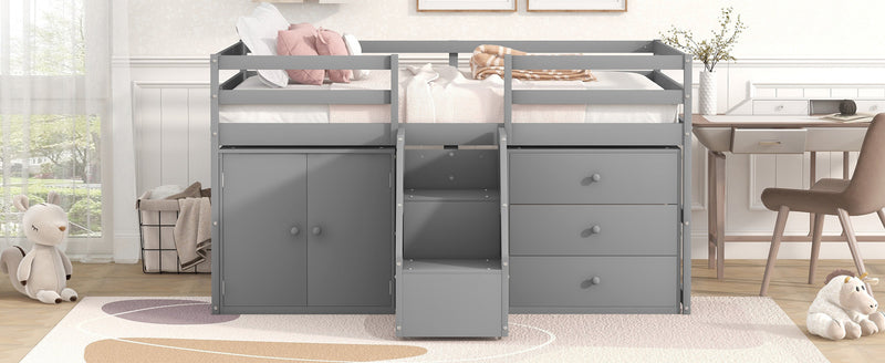 Full Size Functional Loft Bed with Cabinets and Drawers, Hanging Clothes at the back of the Staircase, Gray