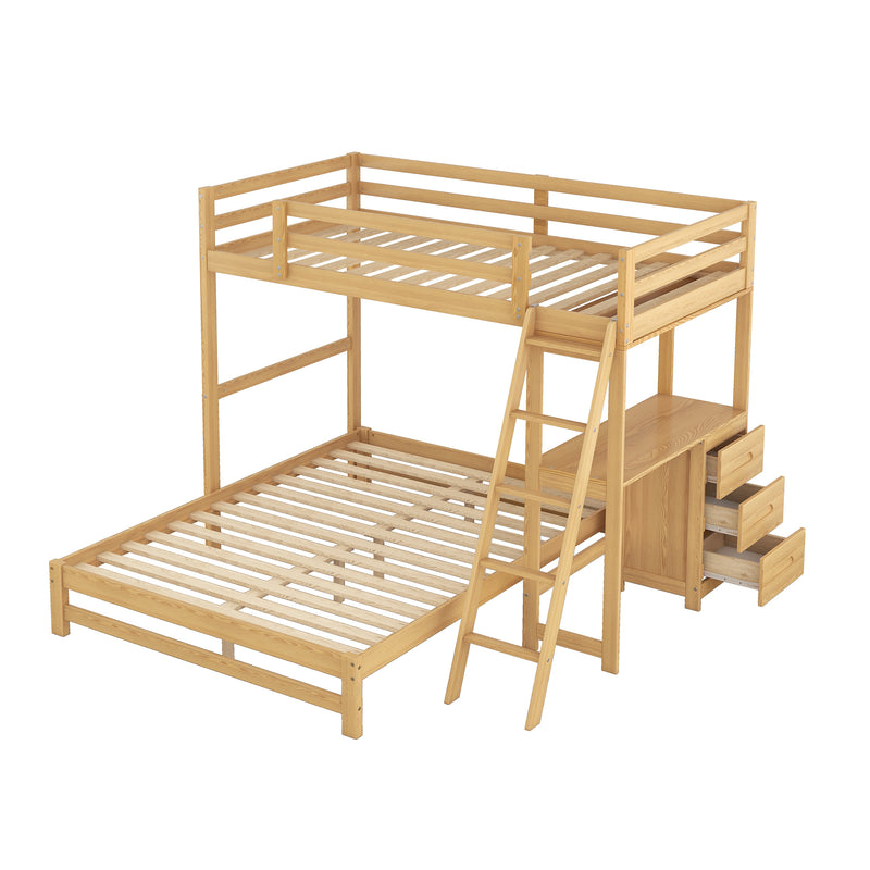 Twin over Full Bunk Bed with Built-in Desk and Three Drawers, Natural