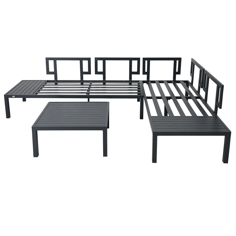 Outdoor 3-piece Aluminum Alloy Sectional Sofa Set with End Table and Coffee Table,Black Frame+Gray Cushion